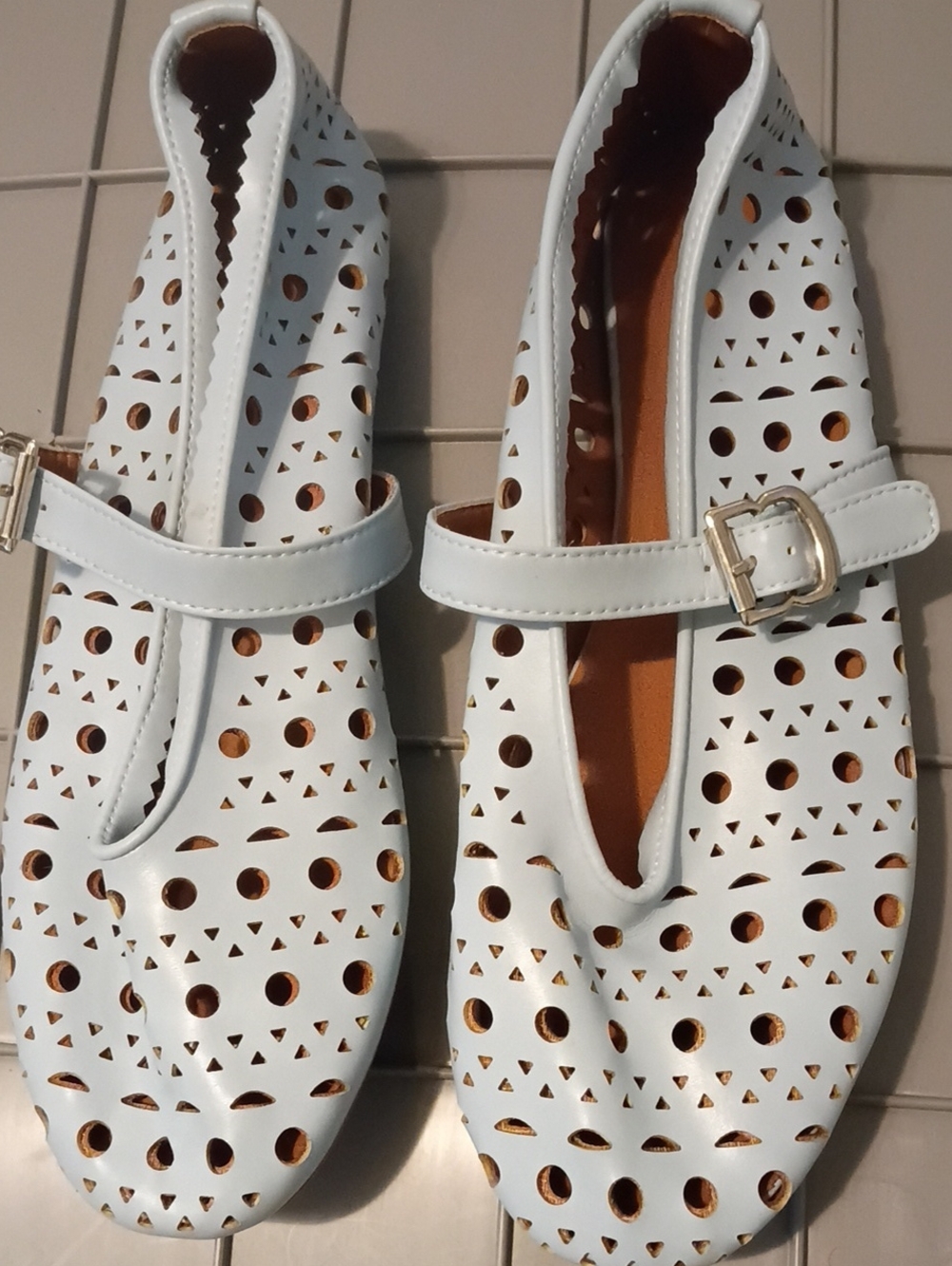 Women’s White Perforated Mary Jane Flats with Buckle Strap